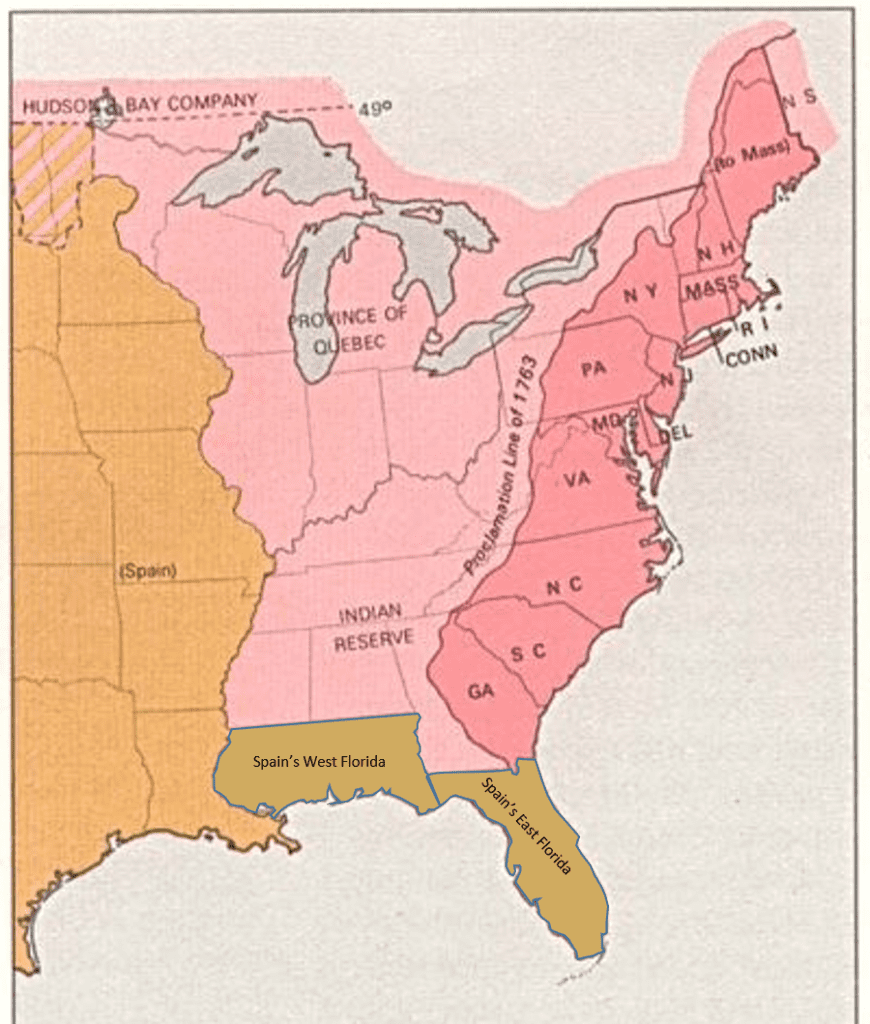 Graphic map showing the original thirteen colonies in 1776, the Indian Reserve Proclamation line of 1763, Spain’s West Florida, and Spain’s East Florida.