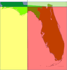 Graphic map of Florida in 1824 showing the intersection of the Latitude Base Line (east west line) and the Tallahassee Meridian Line (north south line) that creates four quarters or four “Ranges”, color coded.