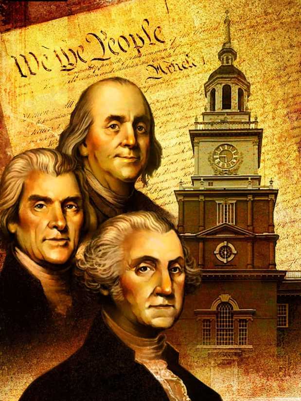 Image of Independence Hall, Benjamin Franklin, Alexander Hamilton, and George Washington with the Constitution in the background.